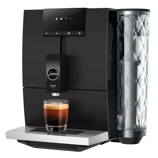A black Jura ENA 4 coffee machine with a shot of espresso sitting on the tray