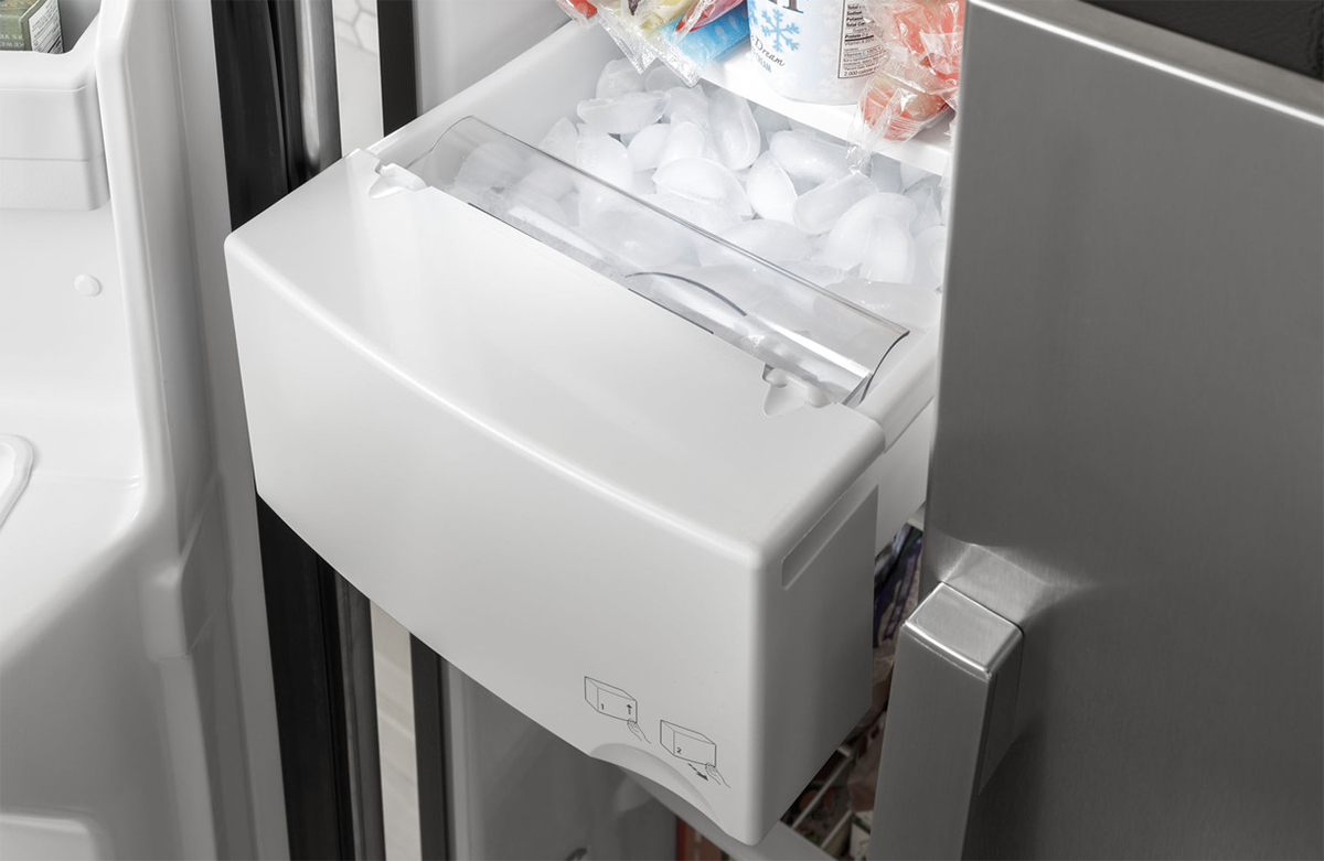 Angled view of ice maker inside freezer