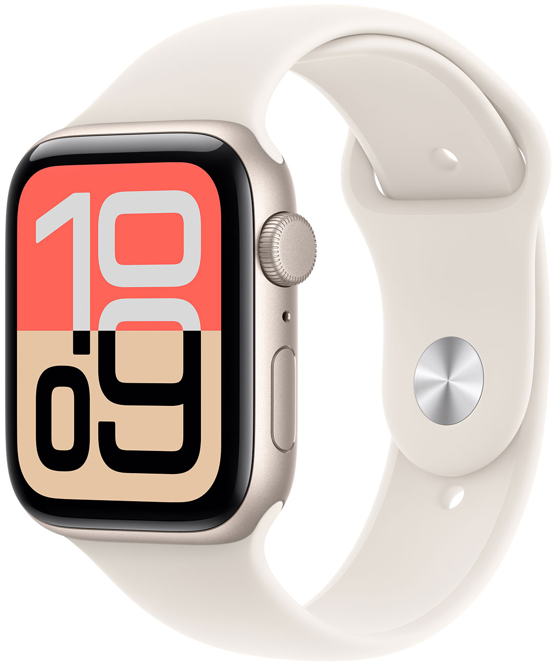 Angled view of Apple Watch SE 3 GPS 44mm in Starlight with S/M Band
