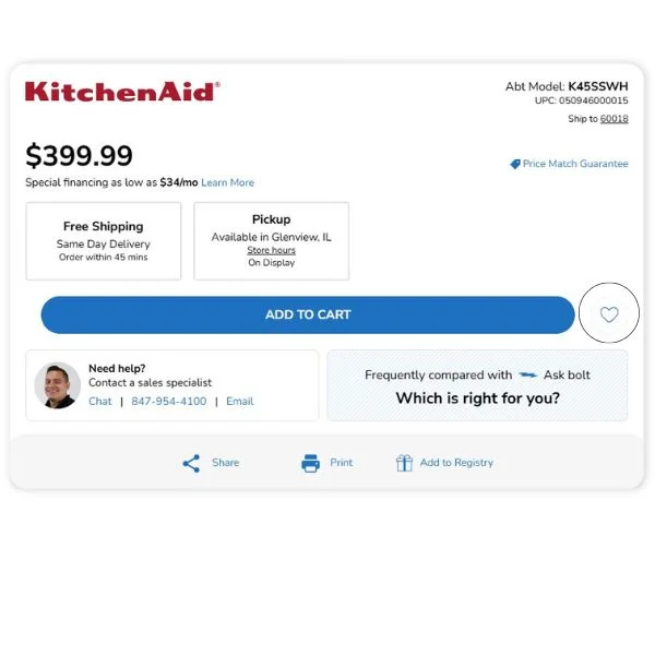 Screenshot of abt.com product page displaying price, Add to Cart Button and items to share, print or add to registry.