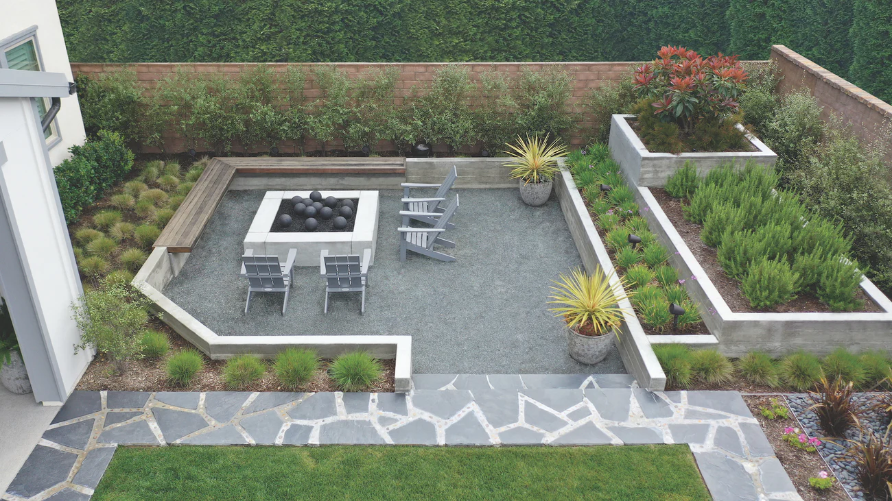 Fire pit lounge with outdoor Sonance audio