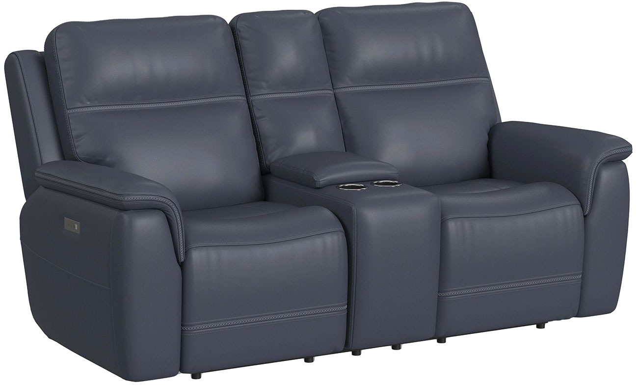 Angle view of Flexsteel Sawyer Blue Leather Power Reclining Loveseat