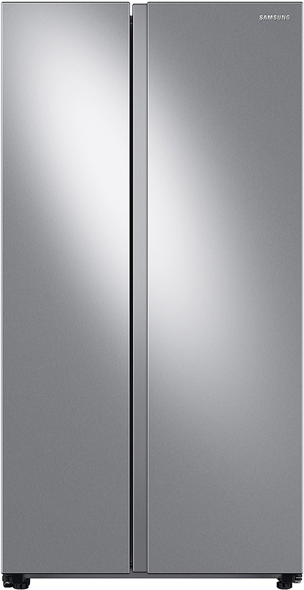 Front view of counter depth side by side refrigerator closed