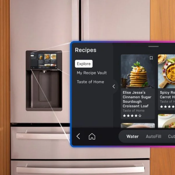 GE Profile smart refrigerator with a graphic illustration recipe integration.