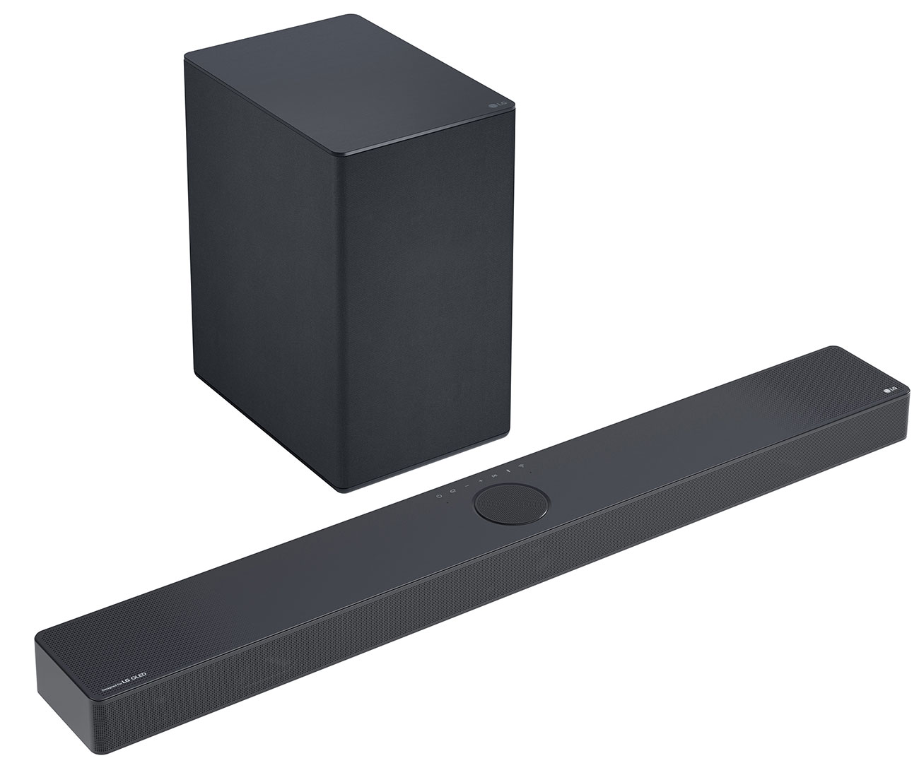 Top Left View of LG Soundbar and Subwoofer