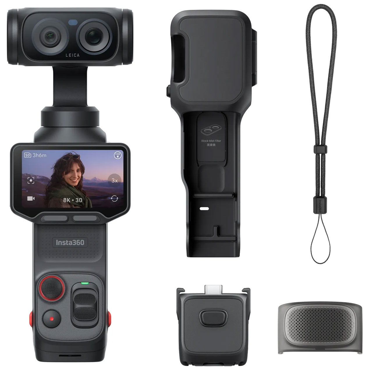 Front View of Insta360 Action Camera and Accessories