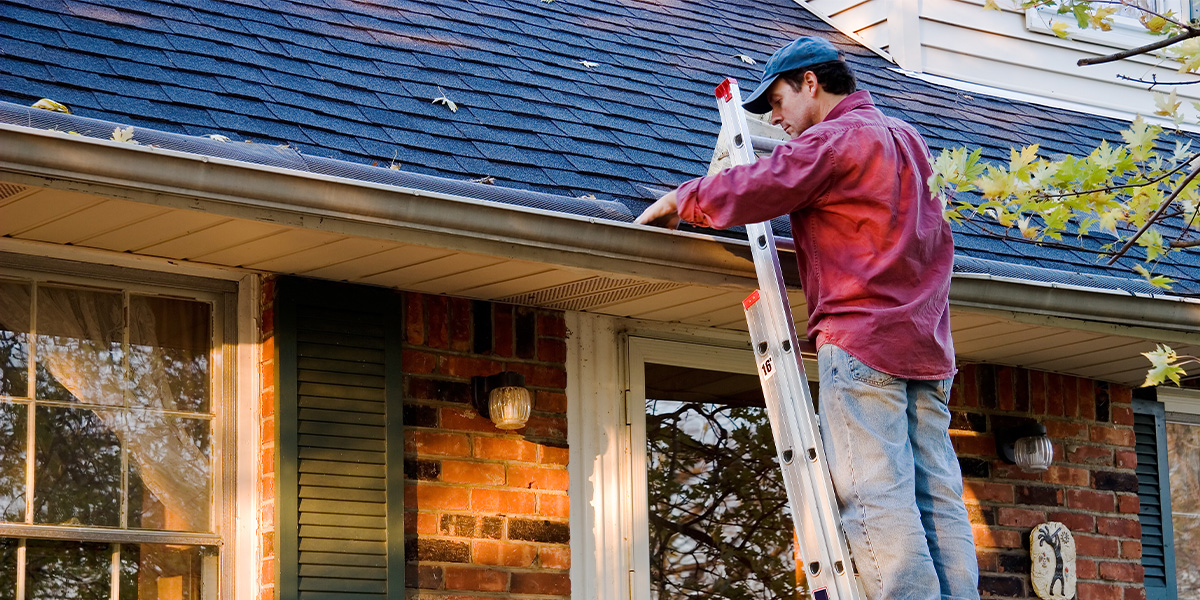 Man on a ladder cleaning out the gutters.