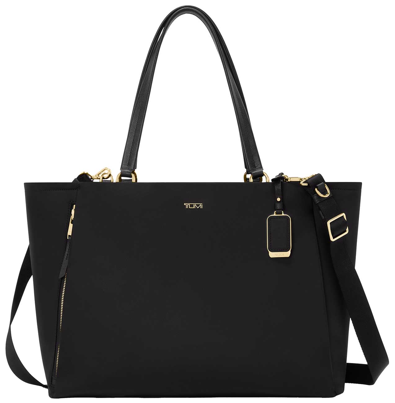 Front view of TUMI Voyageur Valetta Tote in Black and Gold