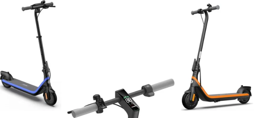 three images of three scooters, with one schowcasing a screen on the handlebars