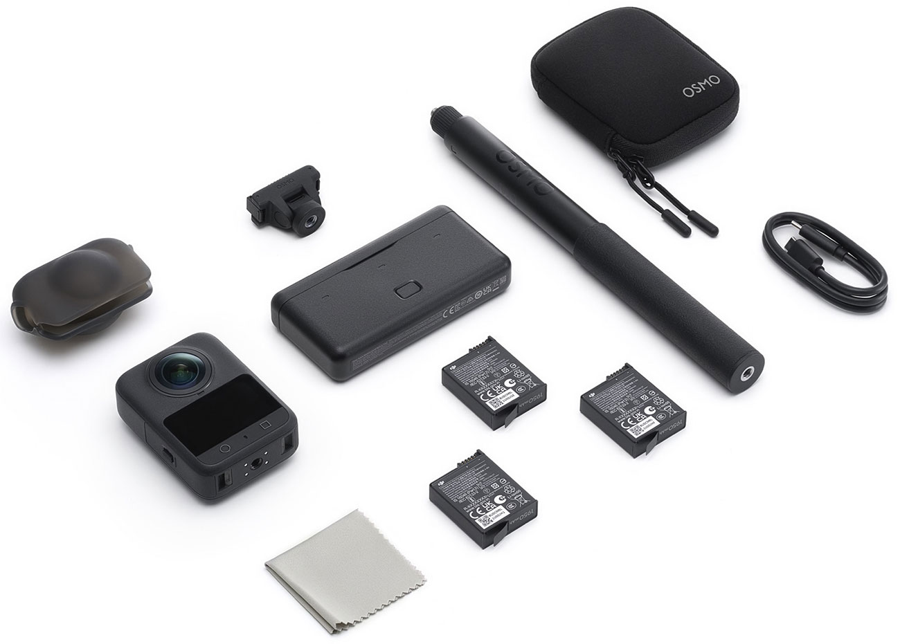 Top Angled View of DJI Action Camera and Accessories