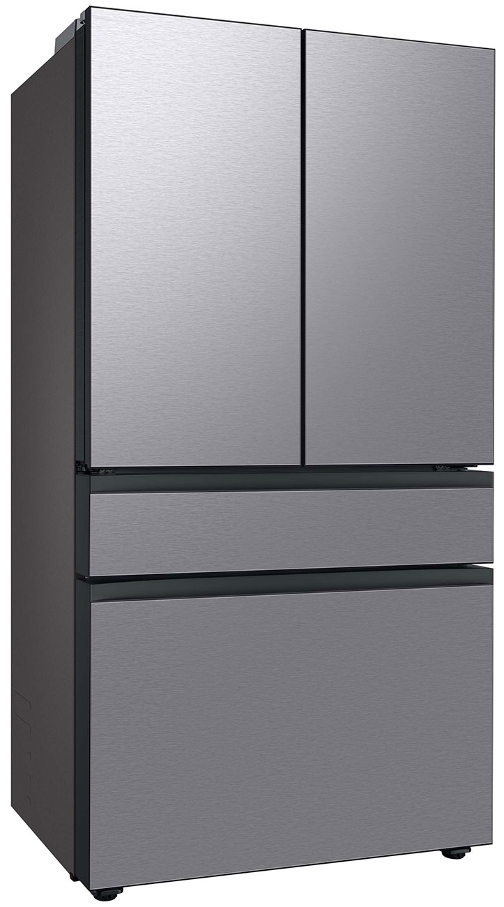 Left-angle view of closed refrigerator.