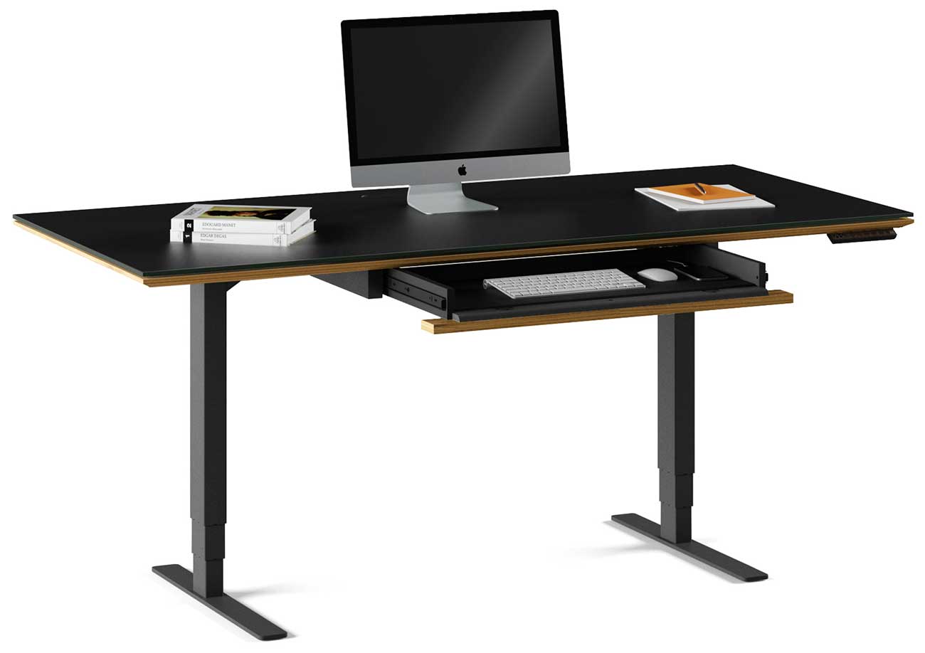 Lifted view of bdi natural walnut lift desk with monitor