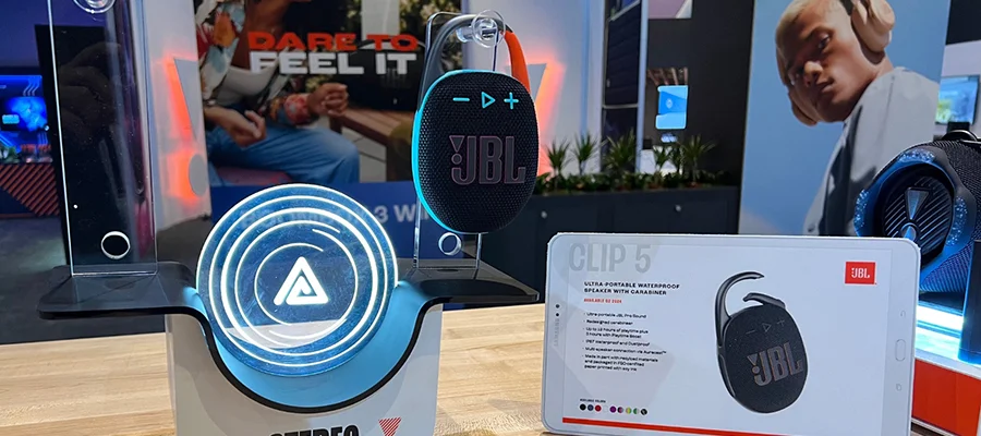 The JBL Clip 5 portable speaker at CES 2024