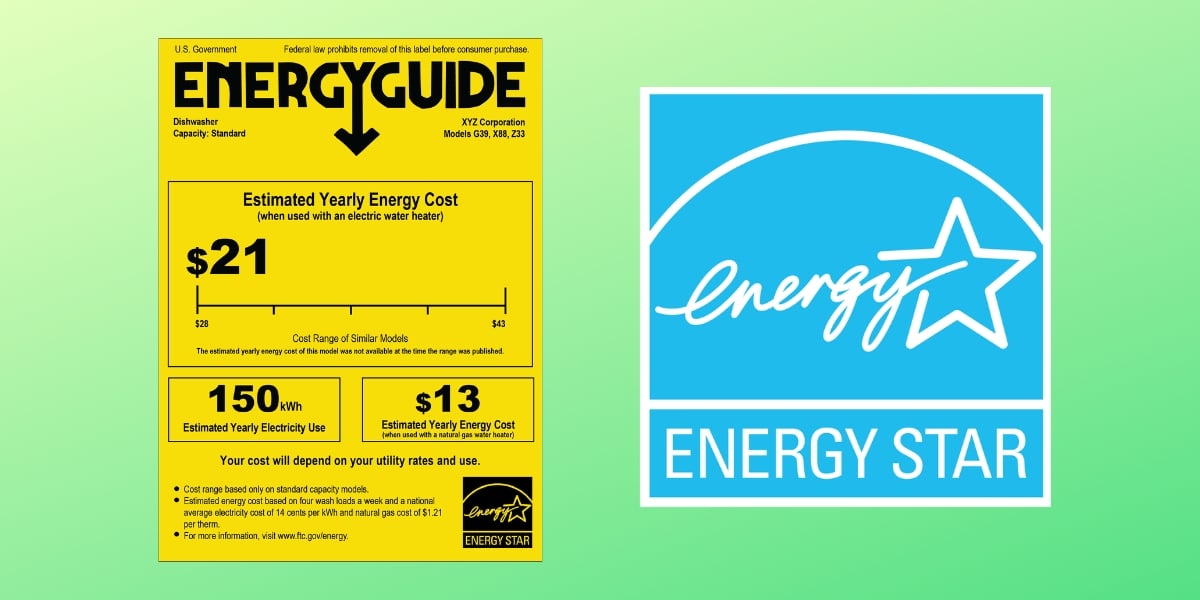 A green graphic displaying the yellow EnergyGuide label and the blue Energy Star label next to each other