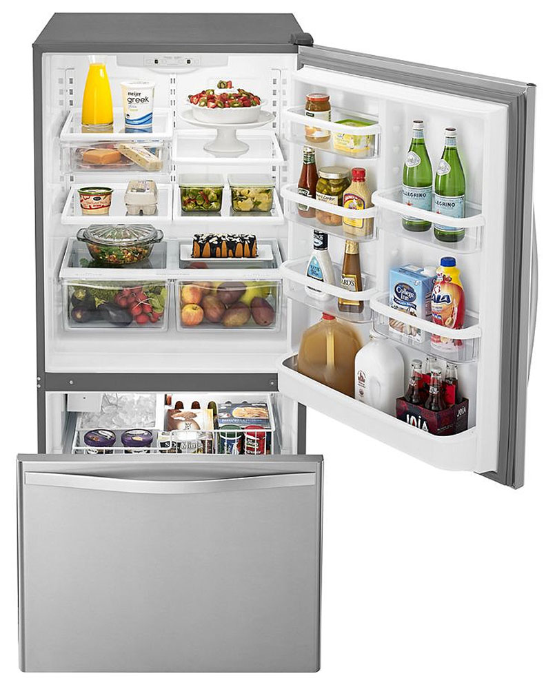 Stainless Steel Bottom Freezer Refrigerator with doors open and full inside