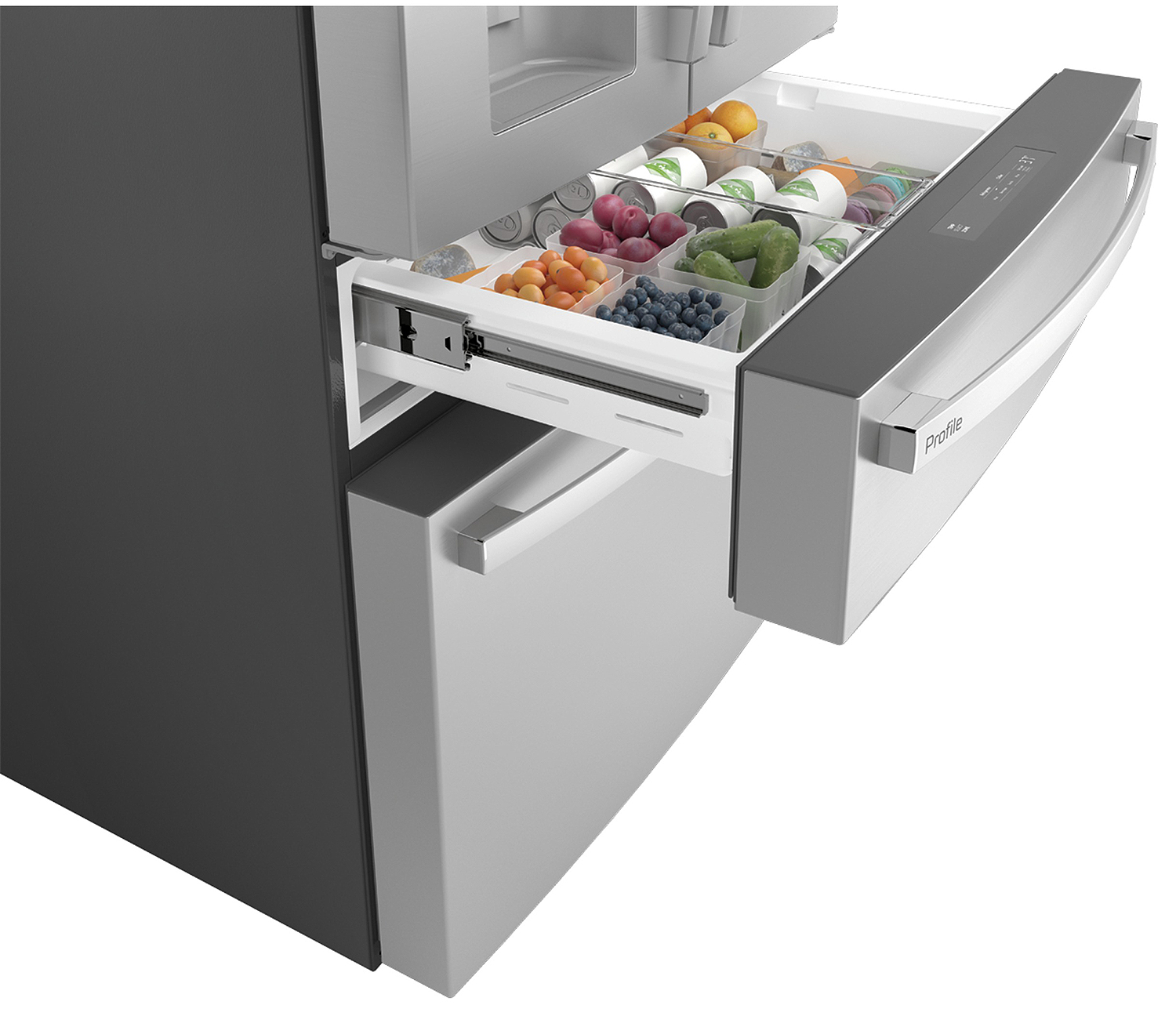 Pulled-out freezer drawer.