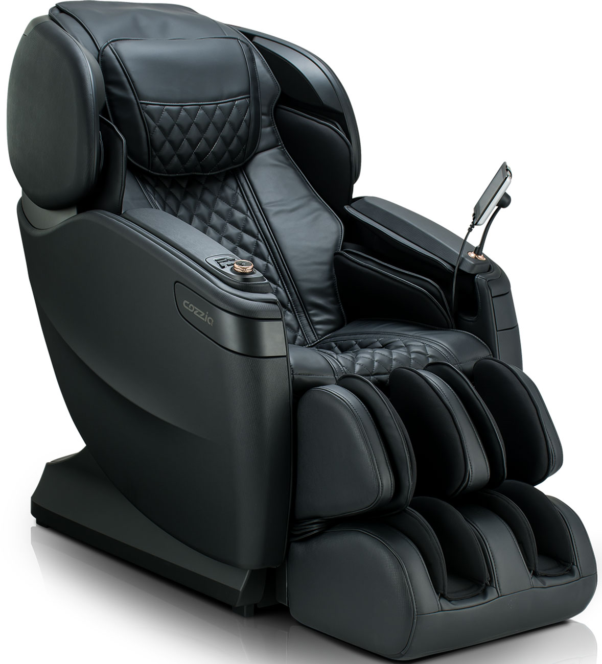 Angle view of Cozzia Qi SE Massage Chair In Black/Pearl