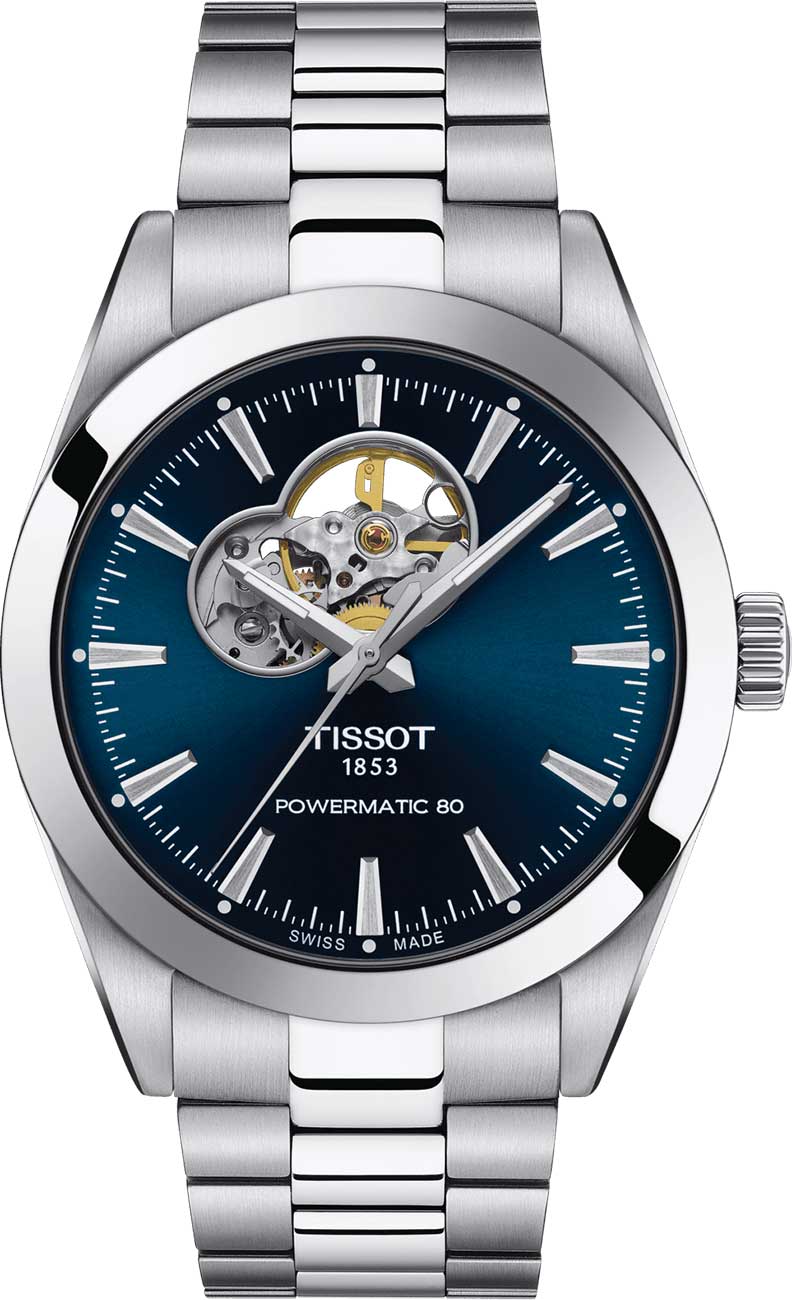 Gentleman Powermatic 80 Blue Open Heart Dial SS Bracelet Watch - Large Image