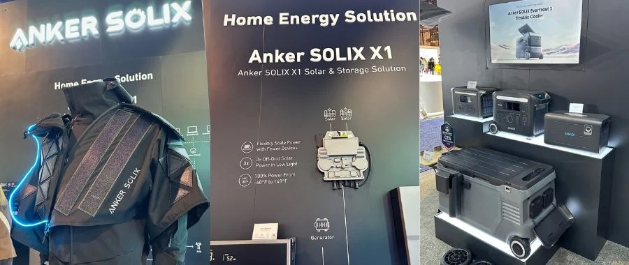 side-by-side view of anker solix solar vest, home energy solution, and electric cooler