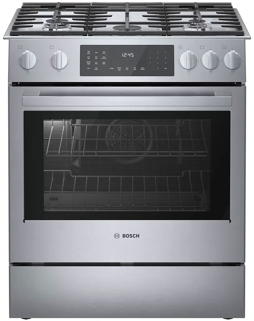 Front view of stainless steel dual fuel range closed
