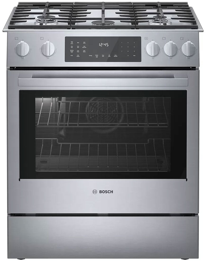 Front view of stainless steel dual fuel range closed