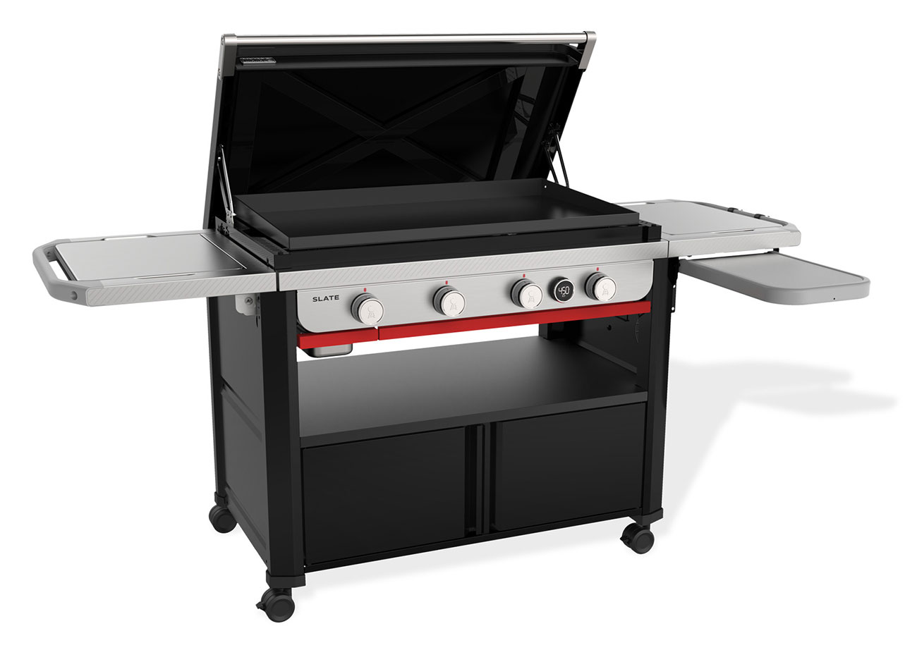 Angled View of Weber Slate Griddle Opened Up With Extended Table 2