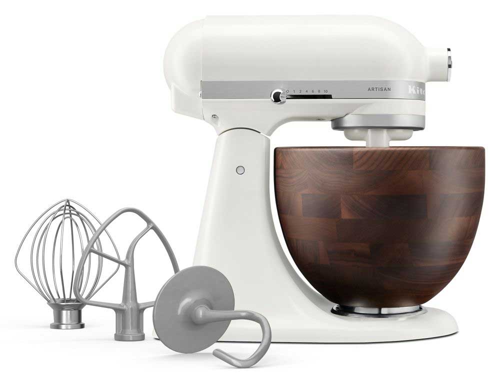 Side view of Artisan 5 Qt. Stand Mixer with Walnut Wood Bowl w/Attachments
