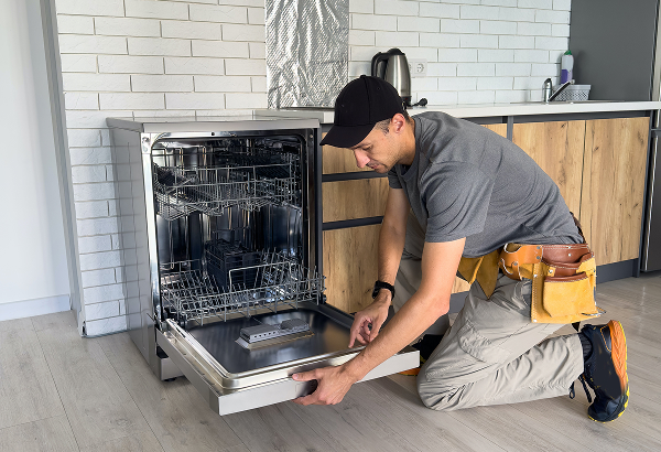 A man in a blue shirt fixing a dishwasher door