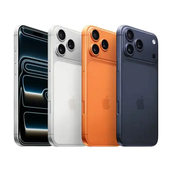 iPhone 17 Pro phones side-by-side showing the silver, orange and navy color options.