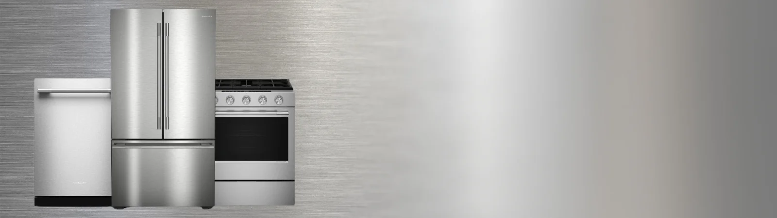 stylized stainless steel like background with a a KitchenAid stainless steel appliance suite