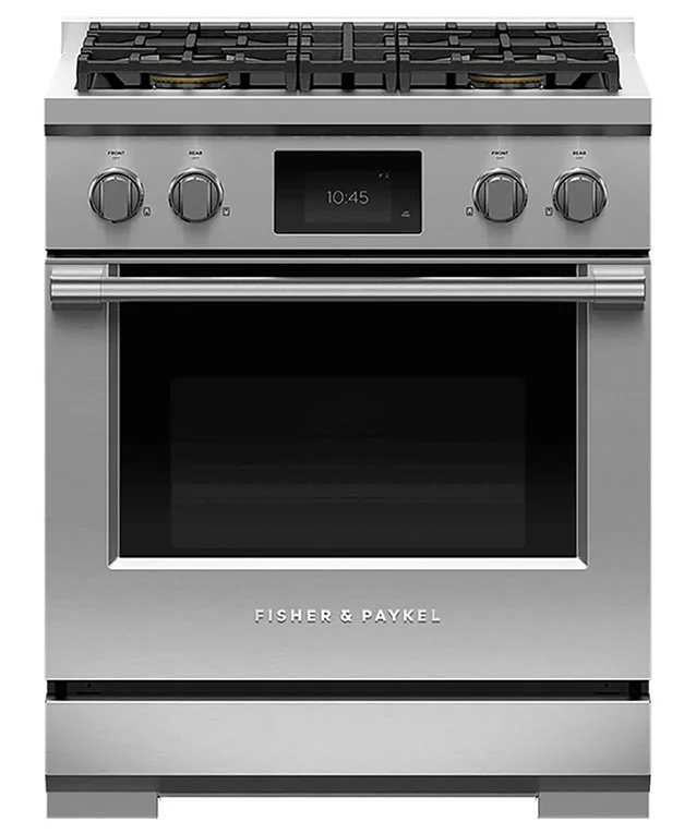 Front view of stainless steel dual fuel range