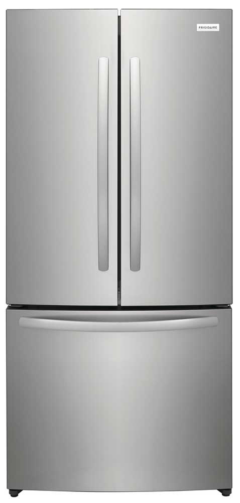 Front of French Door Refrigerator in Brushed Steel.