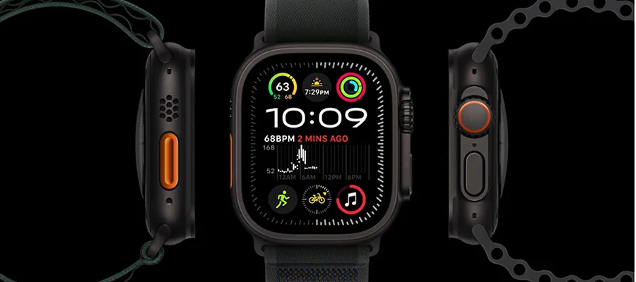 Front and side view of Apple Watch Ultra 2 on black background
