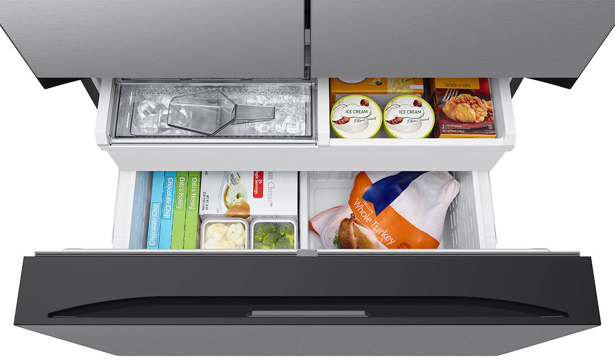 Top view of freezer filled with frozen foods.