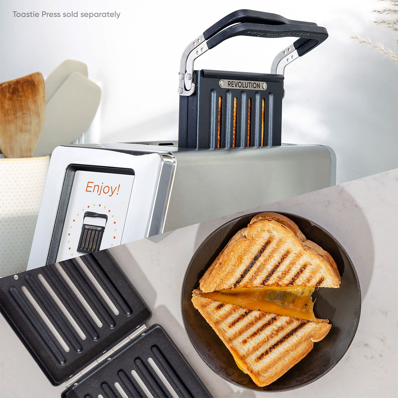 Top View of Revolution Cooking Toaster On Kitchen Counter with Grilled Cheese Sandwhich  