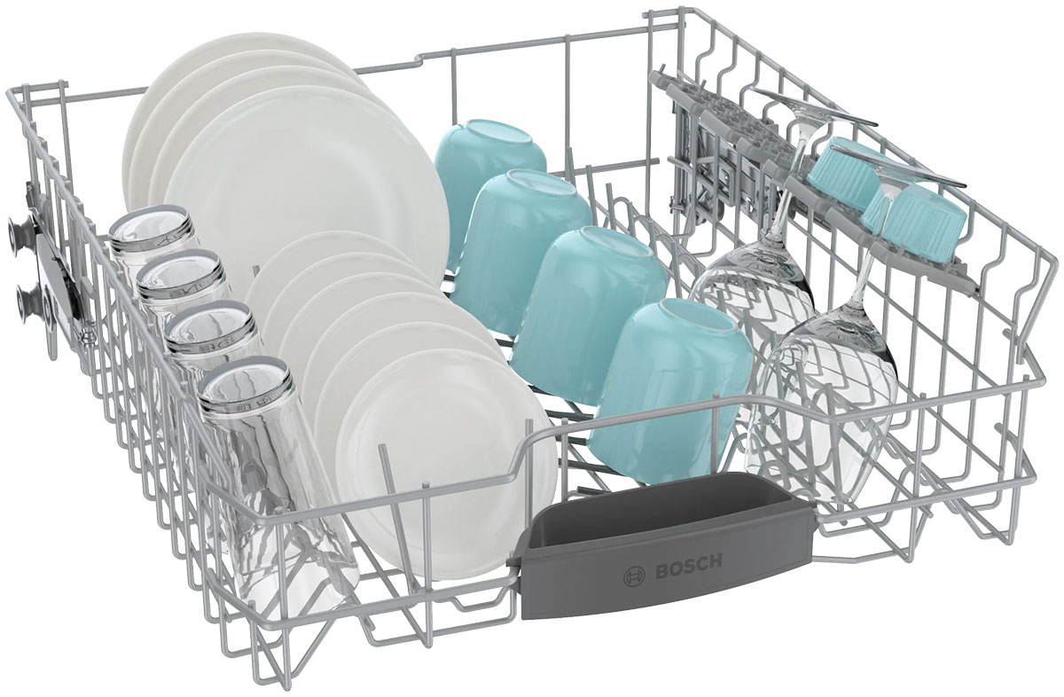 Angle view of upper rack with cups, plates and glasses.