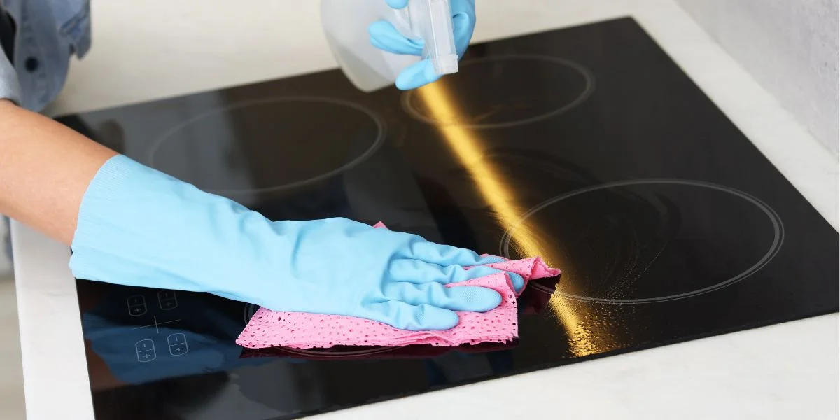 A person wearing gloves while cleaning an induction cooktop with a soft cloth.