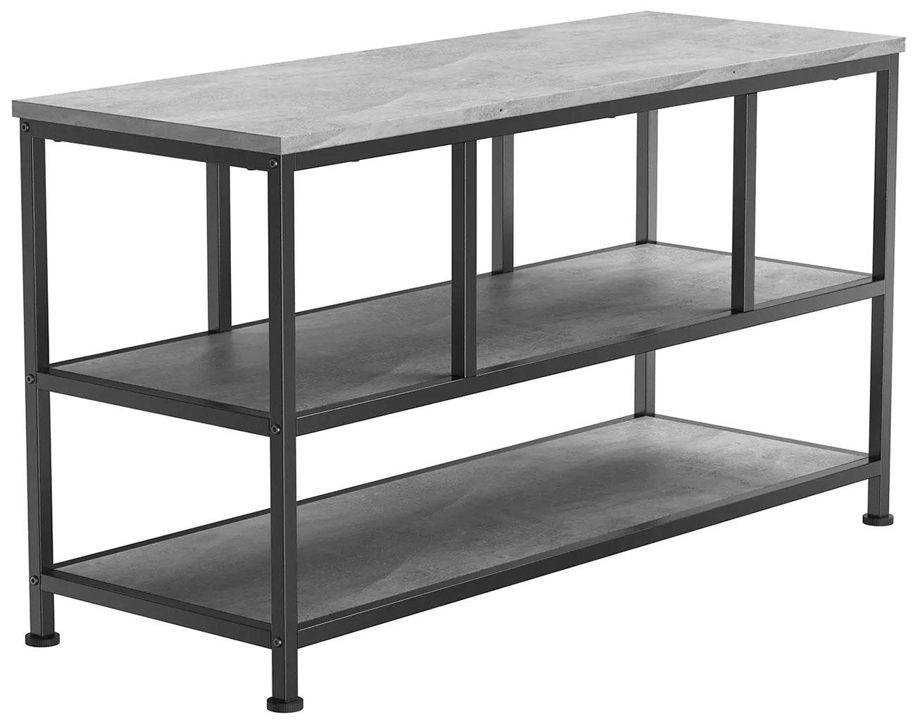 Dynamic View Of The ErgoAV Small TV Stand 42-Inch With Metal Frame In Concrete Finish