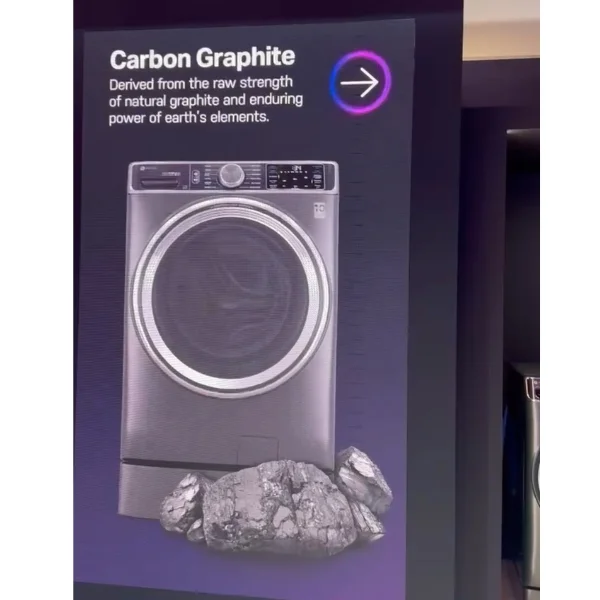 A KBIS 2025 display featuring an overview of the GE Profile Carbon Graphite appliance finish.