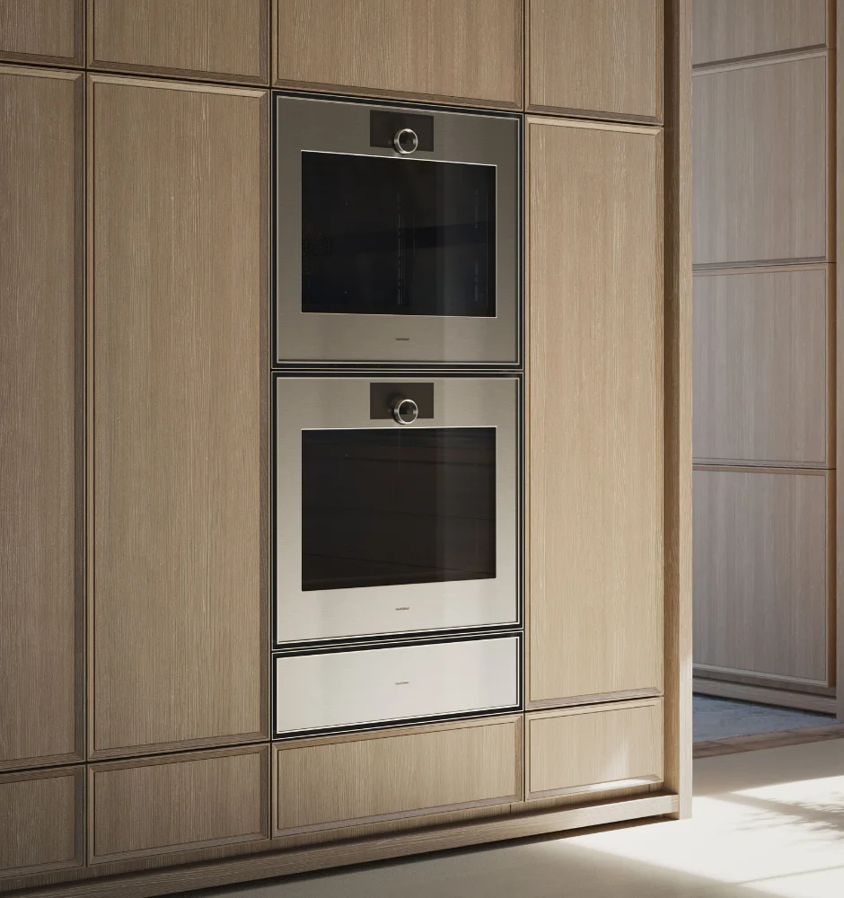 A Gaggenau wall oven featuring a sleek stainless steel exterior and a transparent glass door for easy viewing