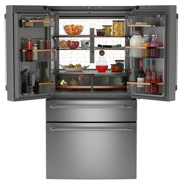 A stainless steel Cafe French door refrigerator with the doors open to show food and beverages