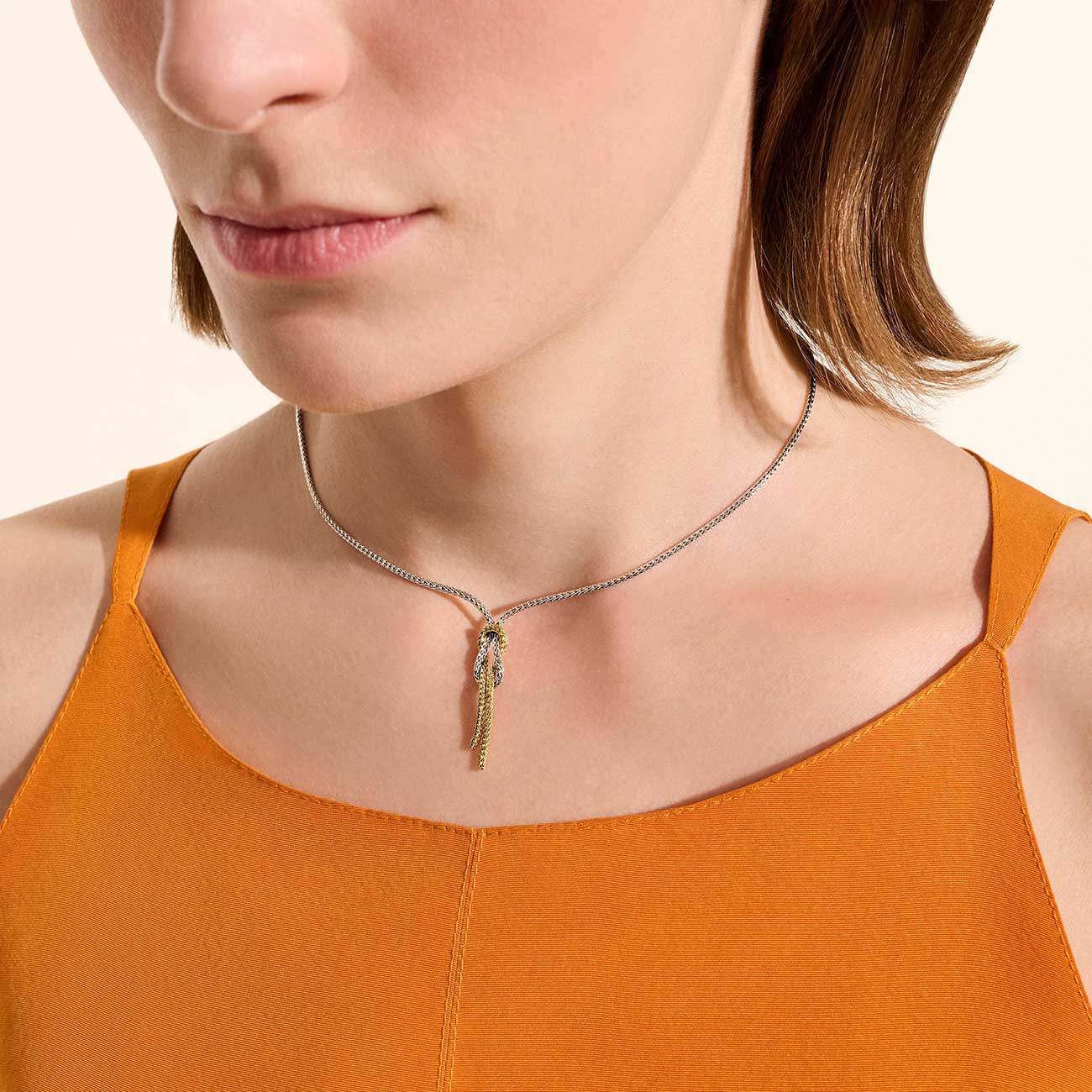 Woman model wearing John Hardy Love Knot Y Necklace