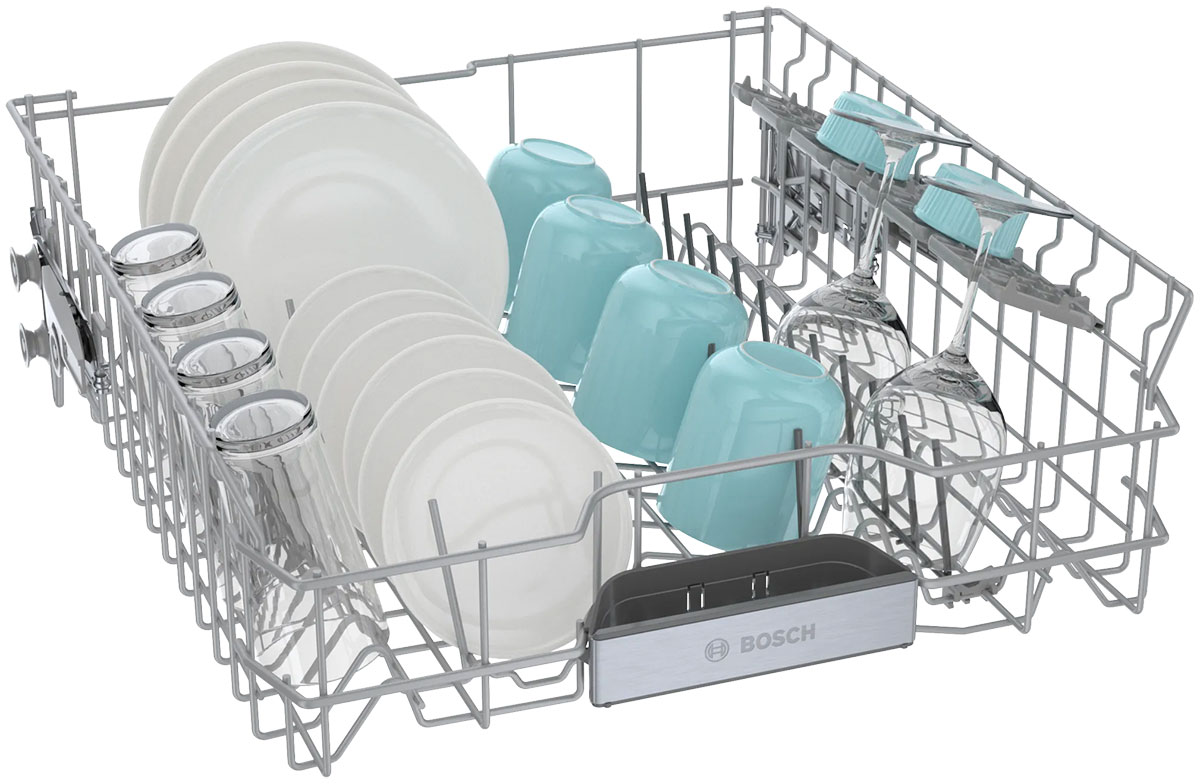 Angle view of upper rack with cups, plates and glasses.
