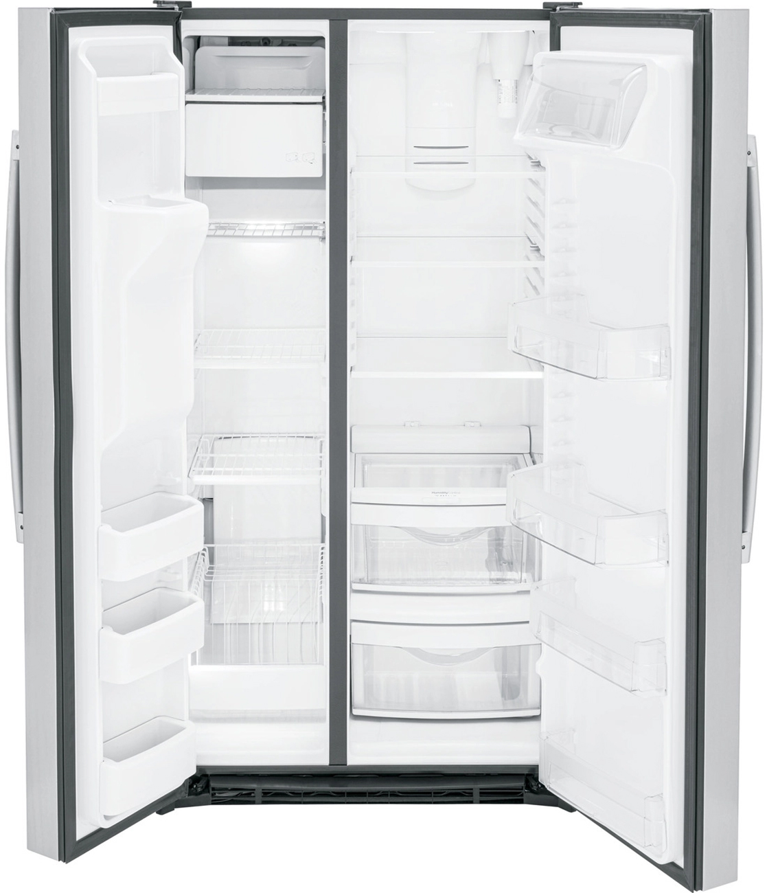 Front view of stainless steel side by side refrigerator open and empty