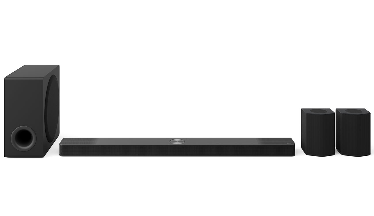 Front View of LG Soundbar with Subwoofer, and Rear Speakers