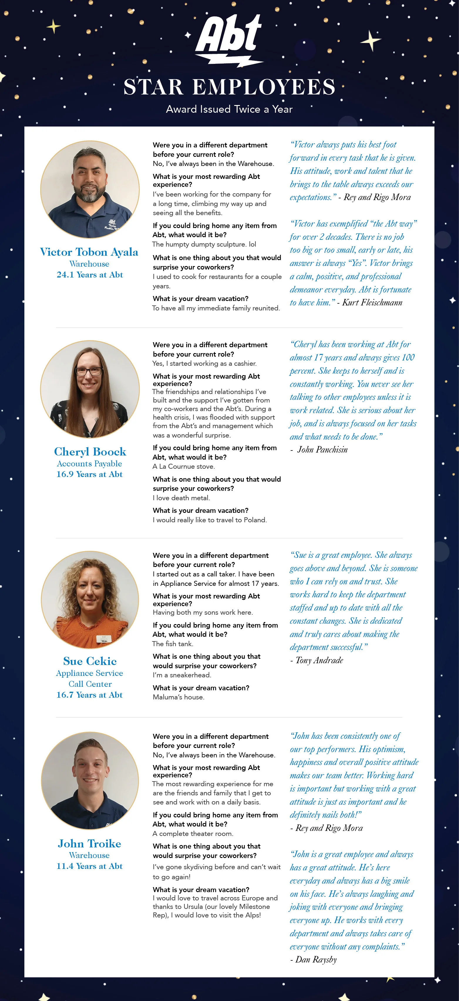 The Fall 2024 Star Employees flyer, showcasing Victor Tobon Ayala, Cheryl Boock, Sue Cekic, and John Troike
