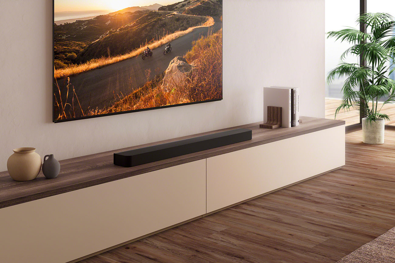Front Top View of Sony Soundbar in Living Room Below TV