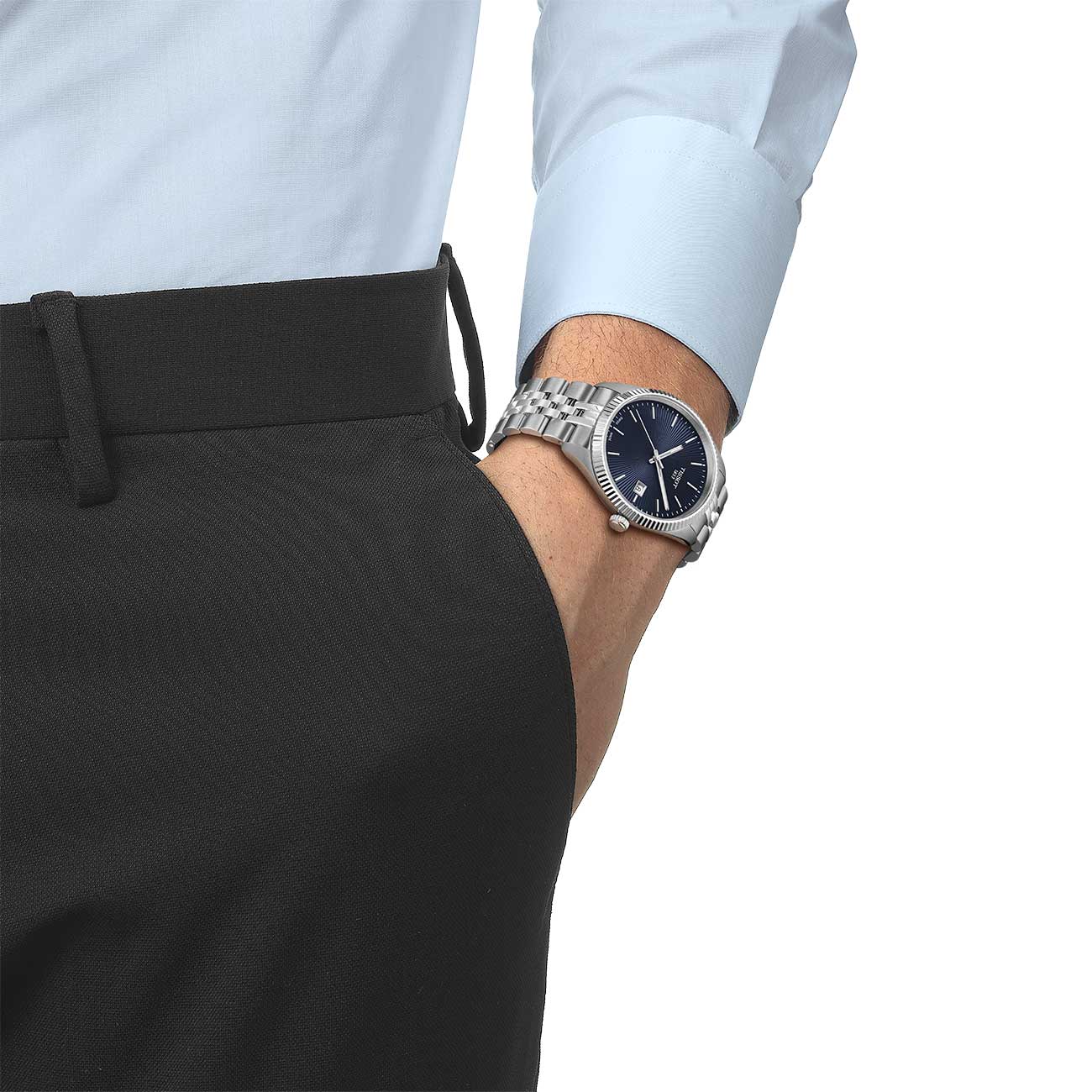View of black dial and silver case watch on model 