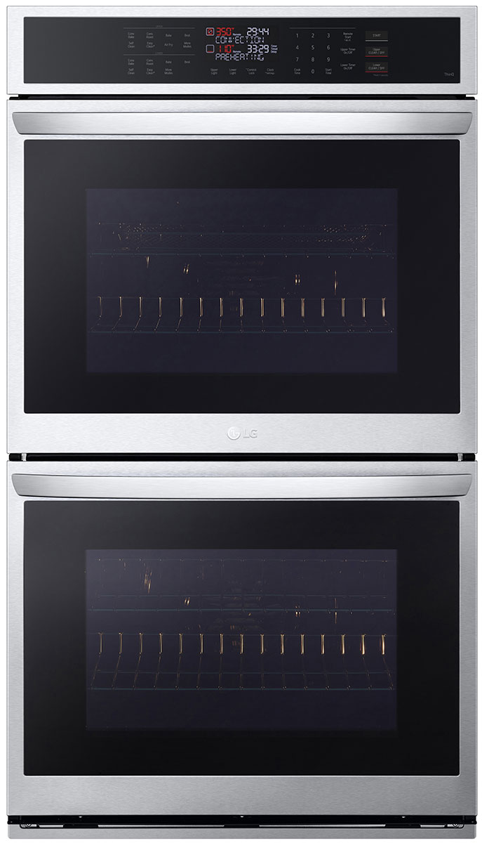 Front of double wall oven in PrintProof Stainless Steel.