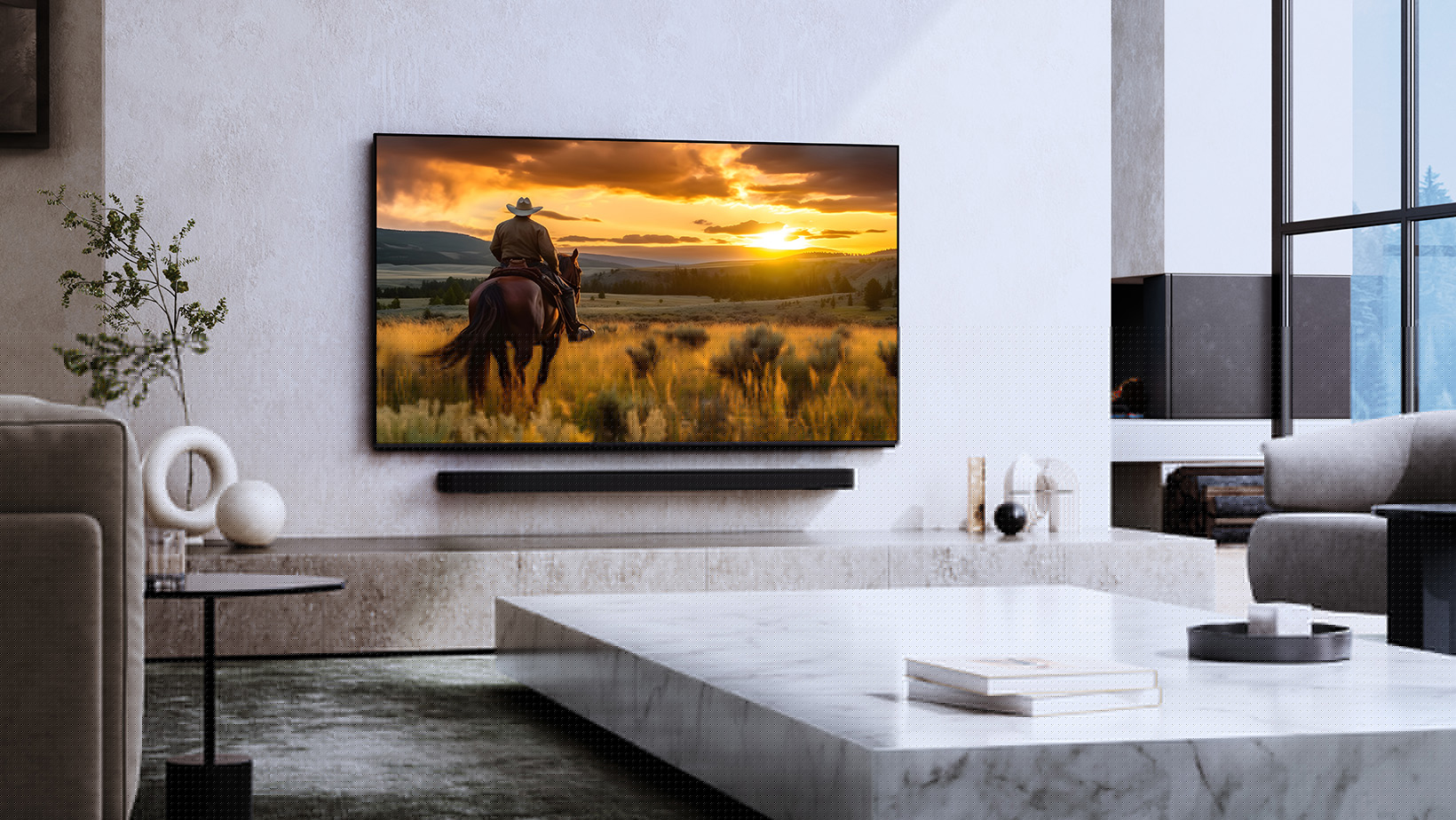A flat-screen TV mounted on a living room wall displaying a scene of a cowboy riding a horse into the sunset